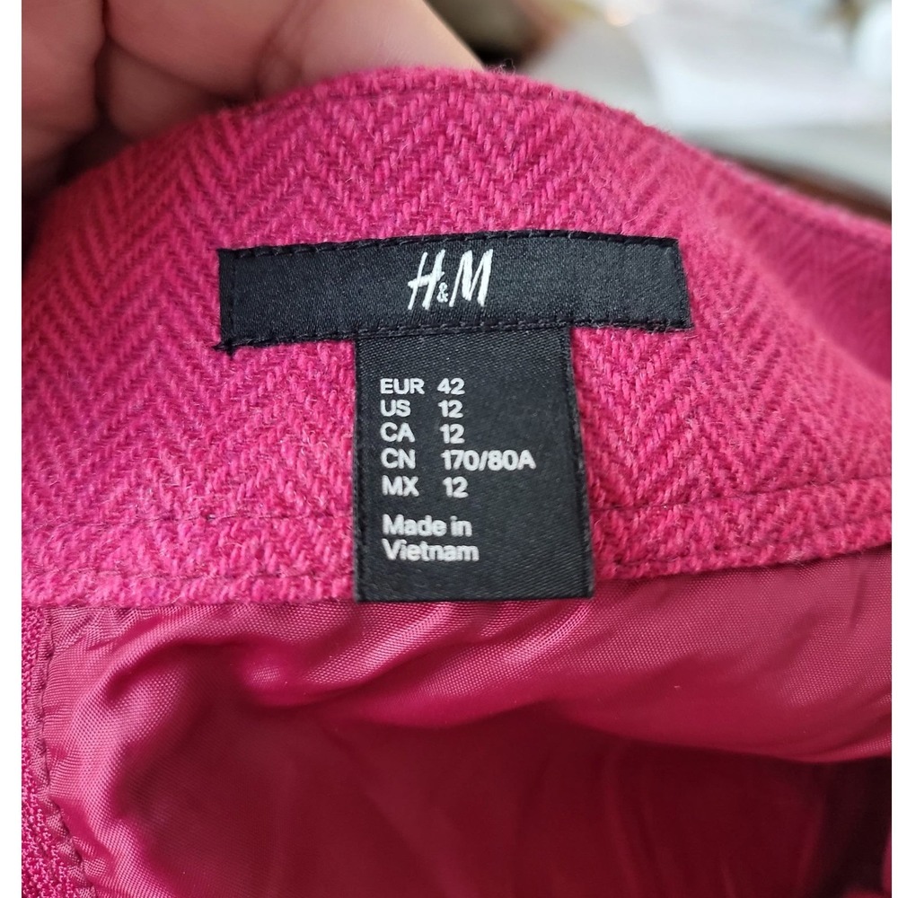 H&M Pink Herringbone Wool Blend Mini Skirt Size 12 A-Line - Picture 4 of 7